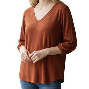 JULES & LEOPOLD Top Size Medium Burnt Orange 3/4 Sleeves V-Neck Ribbed Knit